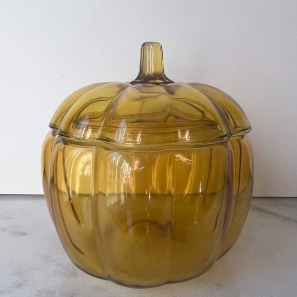 Vintage Anchor Hocking Glass Amber Pumpkin Candy/Cookie Jar Halloween/Fall Decor